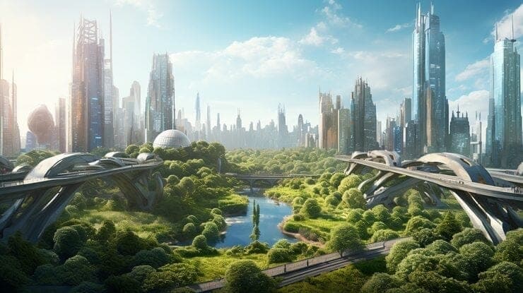 Futuristic sustainable smart city with green buildings and renewable energy infrastructure